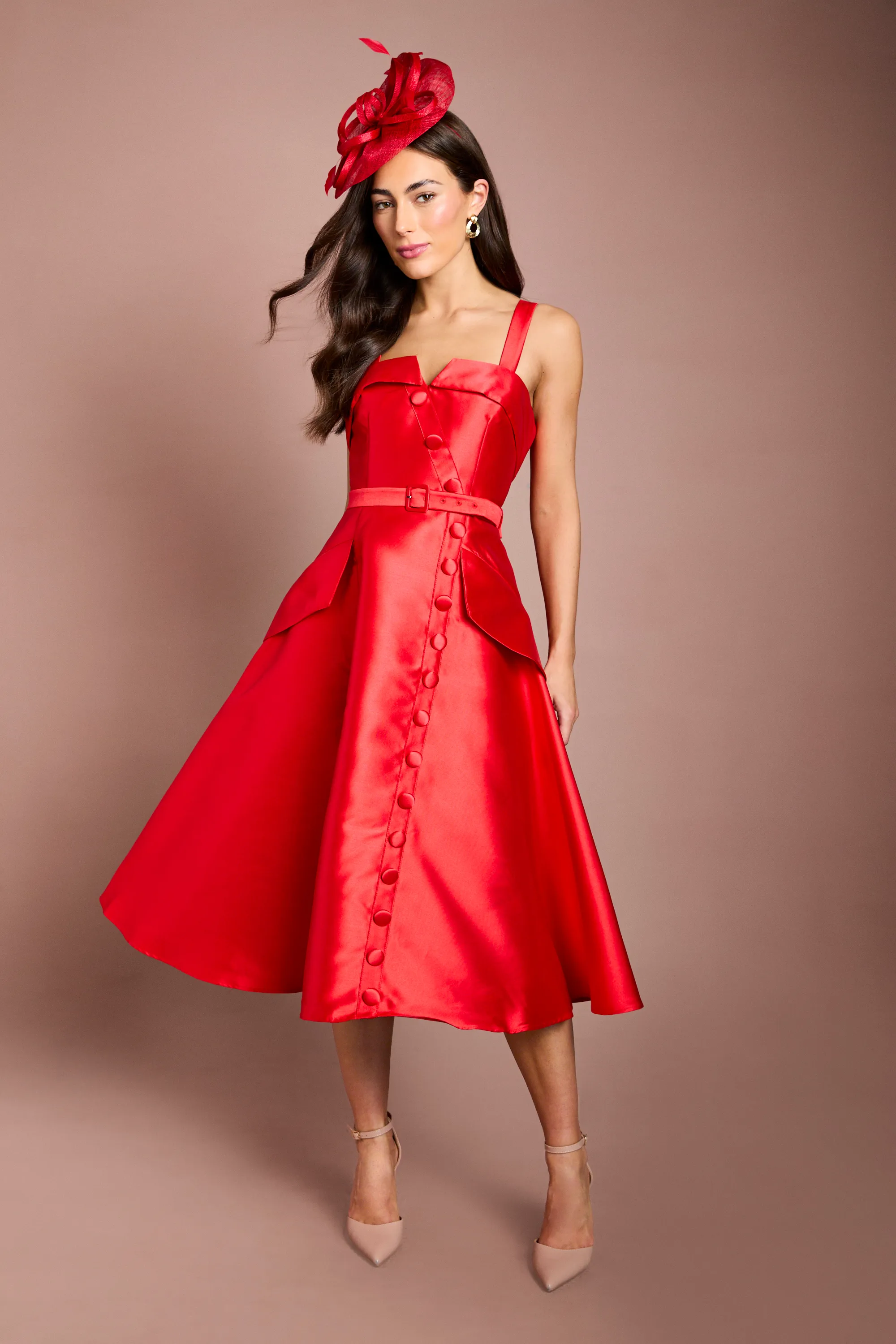 View product Lisa Tan Twill Volume Belted Midi Dress