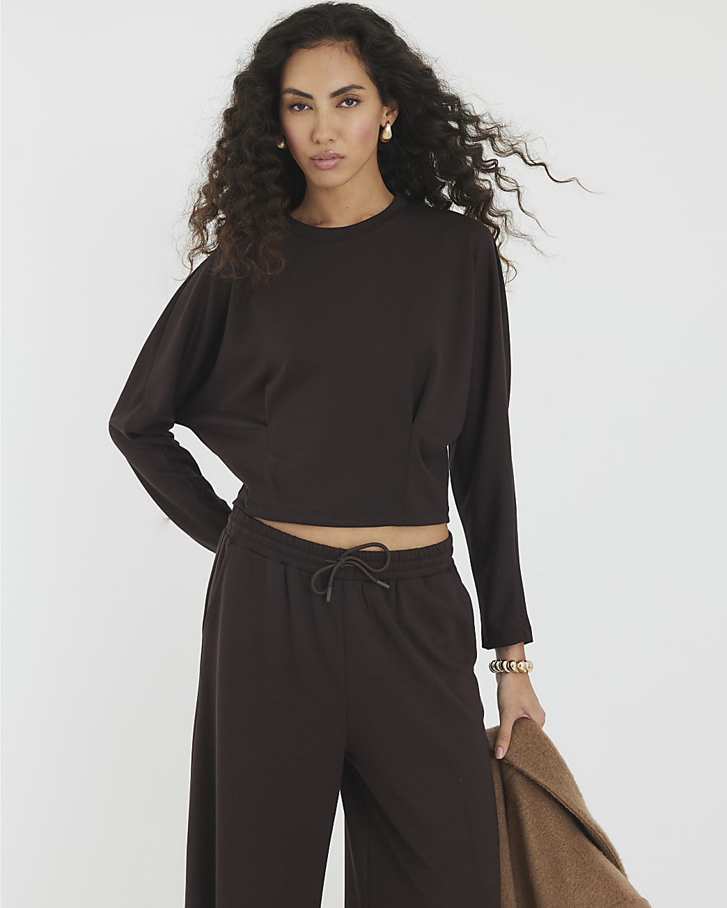 River Island – Bluzë Sweatshirt për Femra, Kafe, Premium me Mëngë Batwing