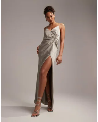ASOS DESIGN  Bridesmaid satin cami maxi dress with drape detail in sage green - foto 6